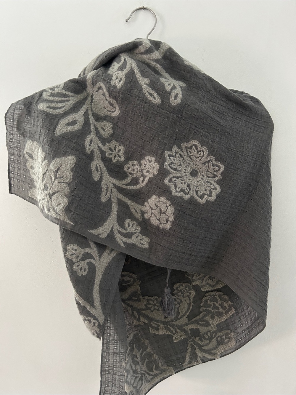 Pure Jill Gray Floral Embroidered Scarf Lightweight Drape Summer Evening Wrap - Picture 9 of 11
